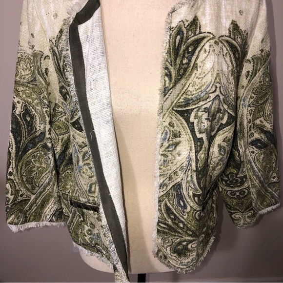 Chicos Jacket Open Front Size 2 Large Woven Textured Green Print Frayed Edges - Picture 11 of 13